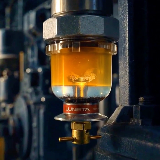 A close-up of a Luneta Bowl with amber-colored liquid inside, mounted on a dark machinery assembly in a factory setting.