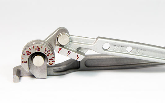 A silver-colored manual tube bender 