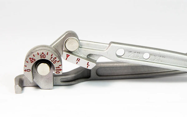 A silver-colored manual tube bender 